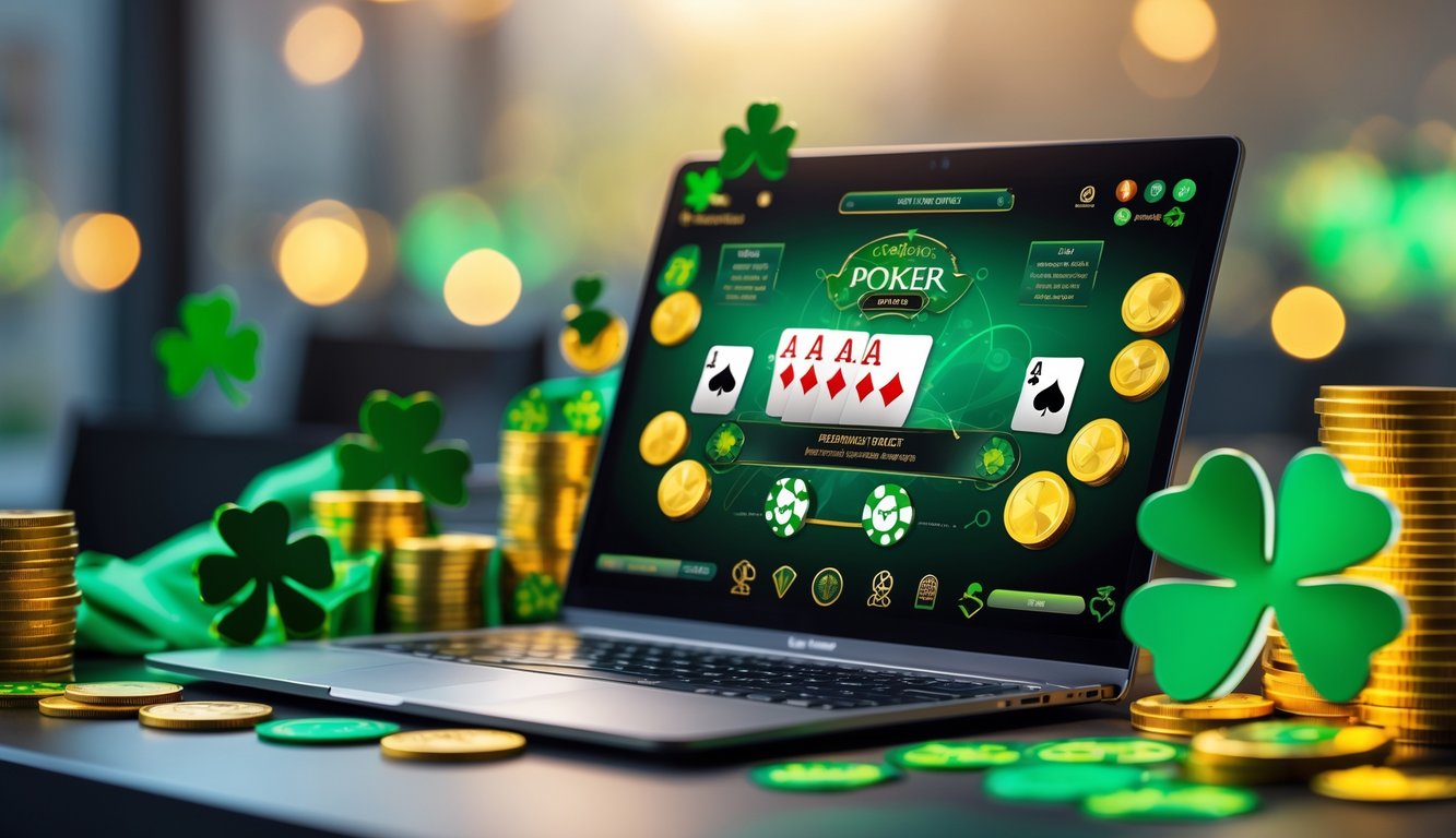 Sebuah meja dengan komputer menampilkan permainan poker online, dikelilingi oleh chip poker dan simbol keberuntungan seperti daun semanggi dan koin emas.