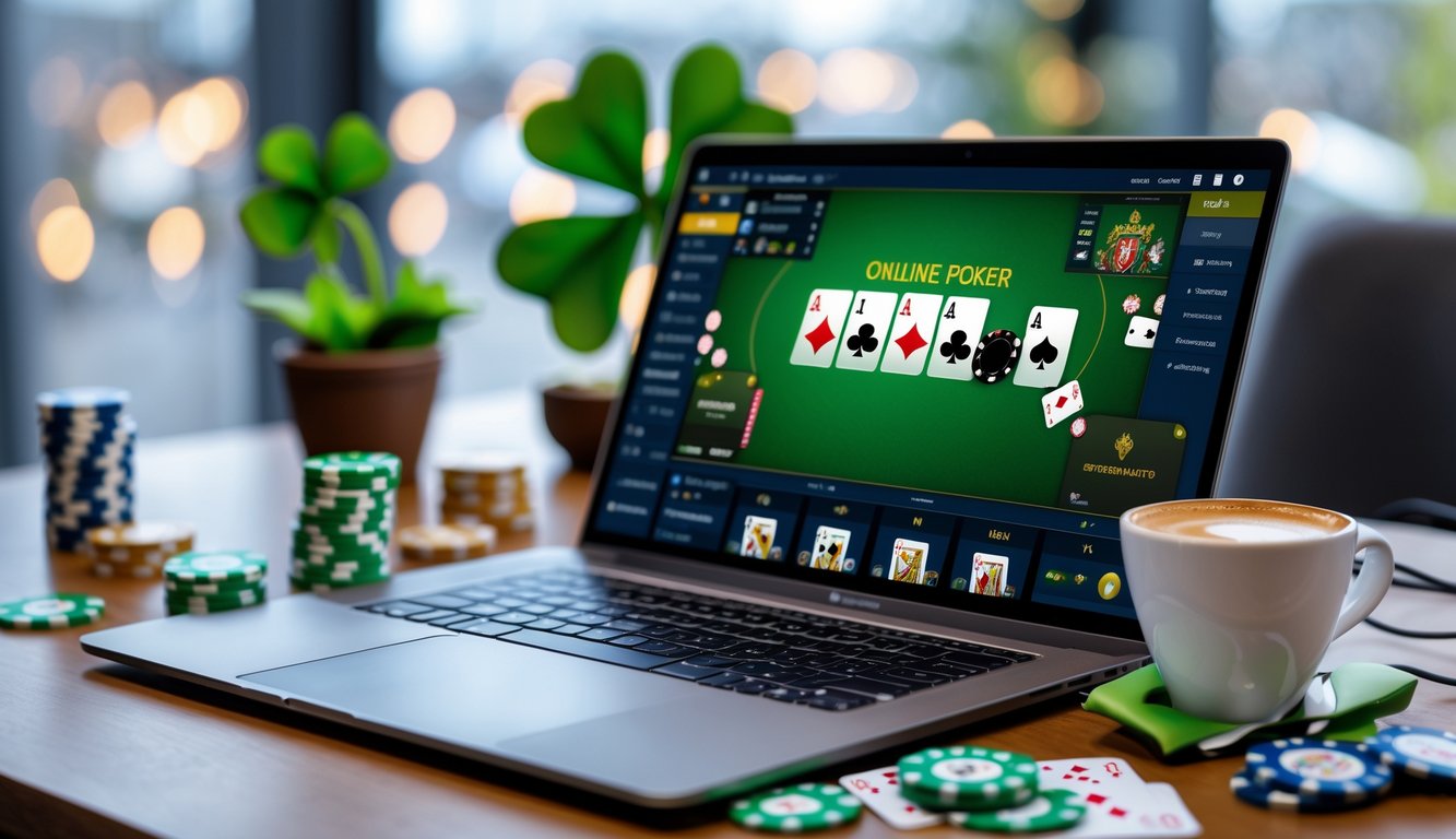 Seorang pemain poker online sedang fokus di depan laptop dengan chip poker dan kartu di meja, dikelilingi oleh dekorasi kecil bertema Irlandia.