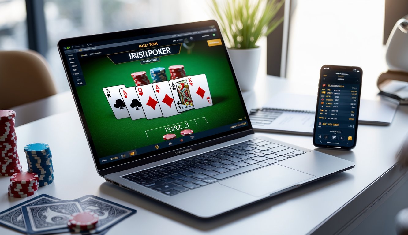 Seorang pemain poker online menggunakan laptop dengan kartu dan chip poker di meja, menunjukkan suasana permainan poker daring yang fokus dan profesional.