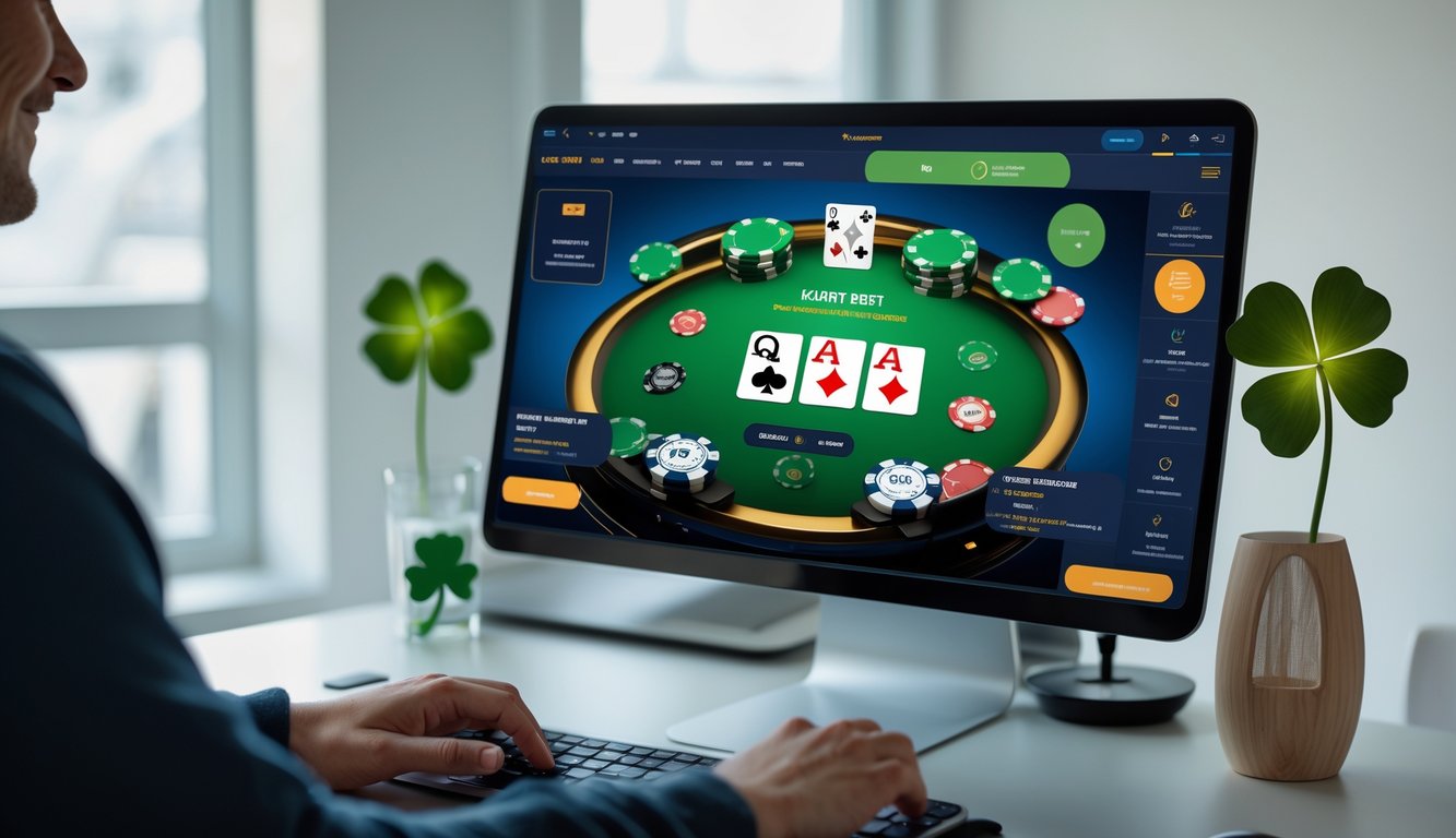 Seorang pemain dewasa sedang bermain poker online di komputer dengan latar belakang tanaman shamrock dan suasana ruangan yang nyaman.