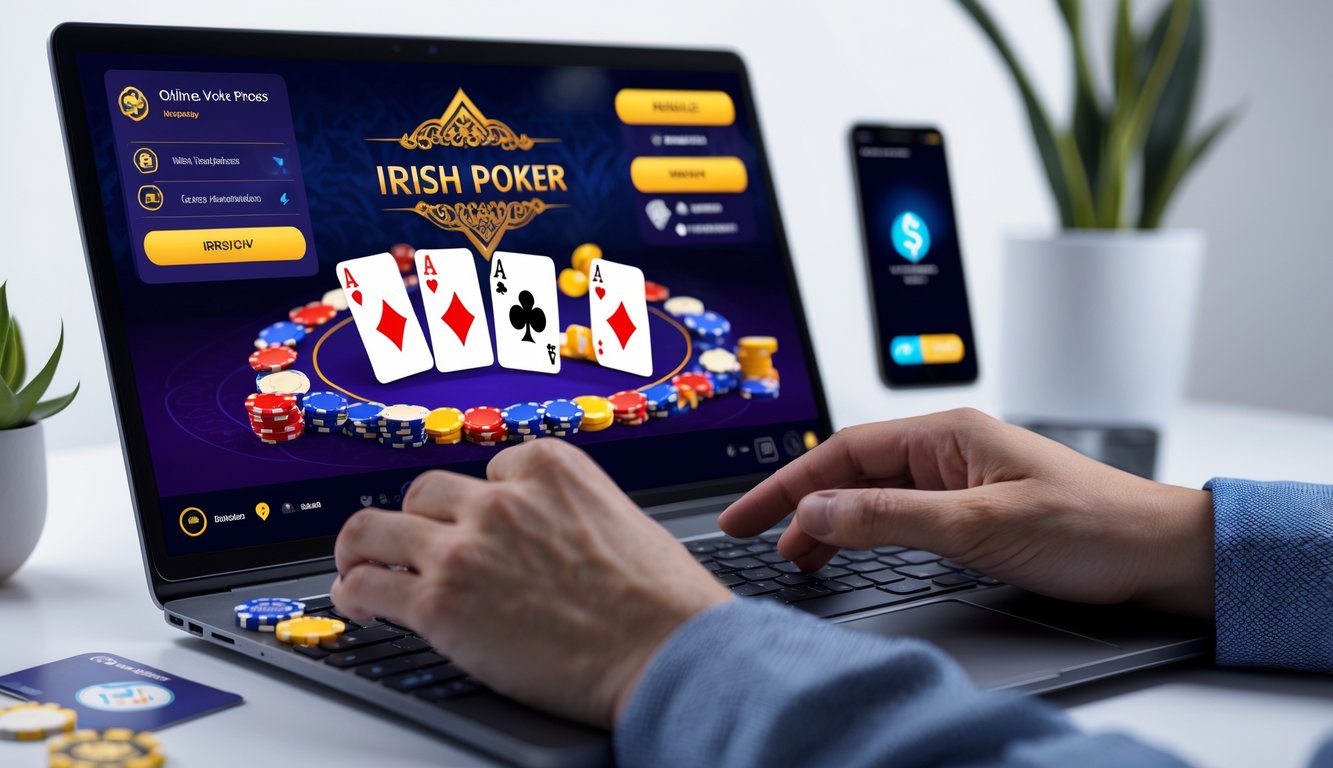 Seseorang sedang bermain poker online di laptop dengan tampilan kartu dan chip, di meja kerja yang rapi dengan ponsel di sampingnya.