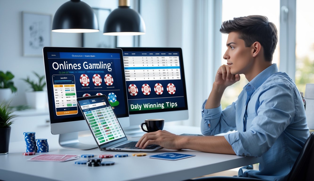 Seorang dewasa muda duduk di meja kerja dengan beberapa perangkat digital menampilkan permainan judi online, dikelilingi chip poker dan kartu remi, terlihat fokus dan serius.
