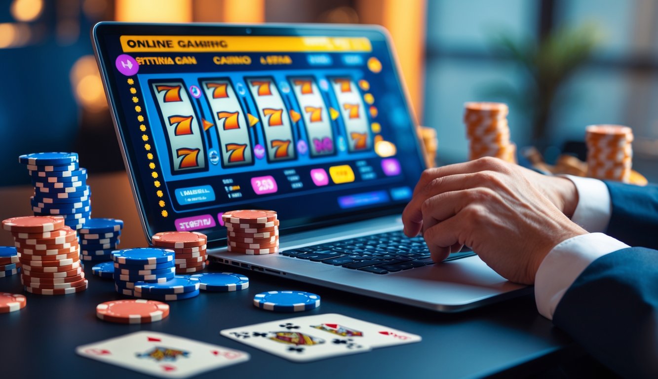 Seorang individu menggunakan komputer dengan layar menampilkan permainan judi online, dikelilingi oleh chip poker dan kartu remi di atas meja.
