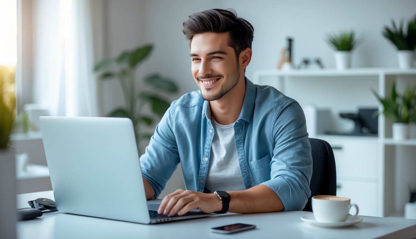 Seorang pria muda duduk di meja dengan laptop terbuka, tersenyum fokus dalam suasana kantor rumah yang terang dan rapi.