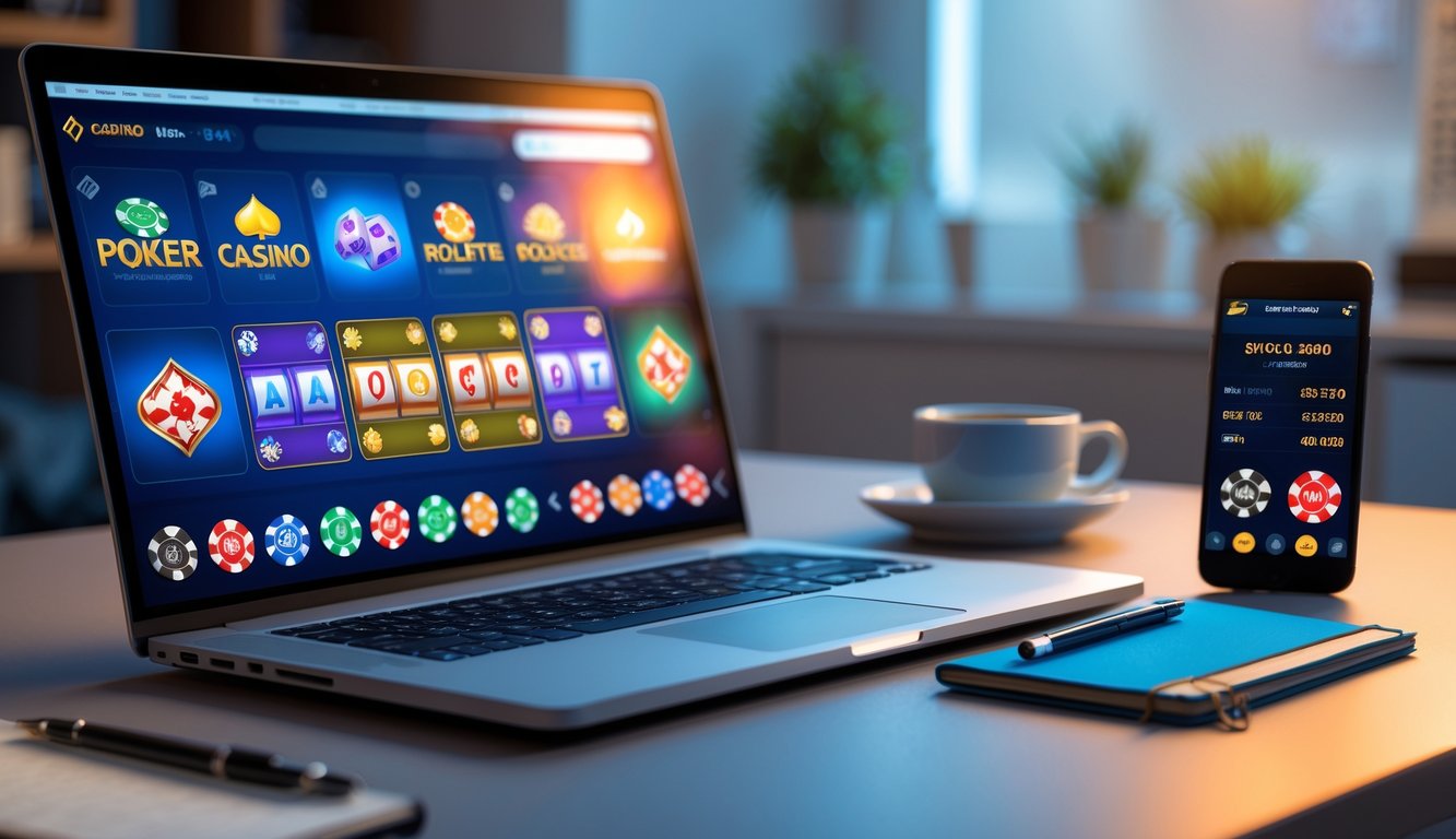 Sebuah meja kerja dengan laptop menampilkan permainan judi online dan ponsel dengan aplikasi taruhan, di ruangan yang nyaman dengan kopi dan tanaman kecil.