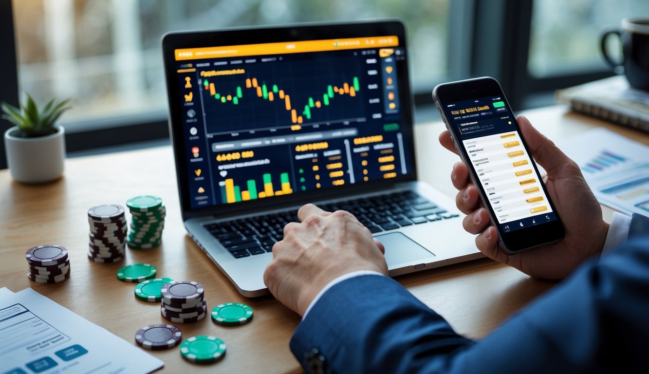 Seseorang menggunakan laptop dan ponsel di meja kerja dengan tumpukan uang kecil dan chip poker, menunjukkan aktivitas judi online yang sukses.