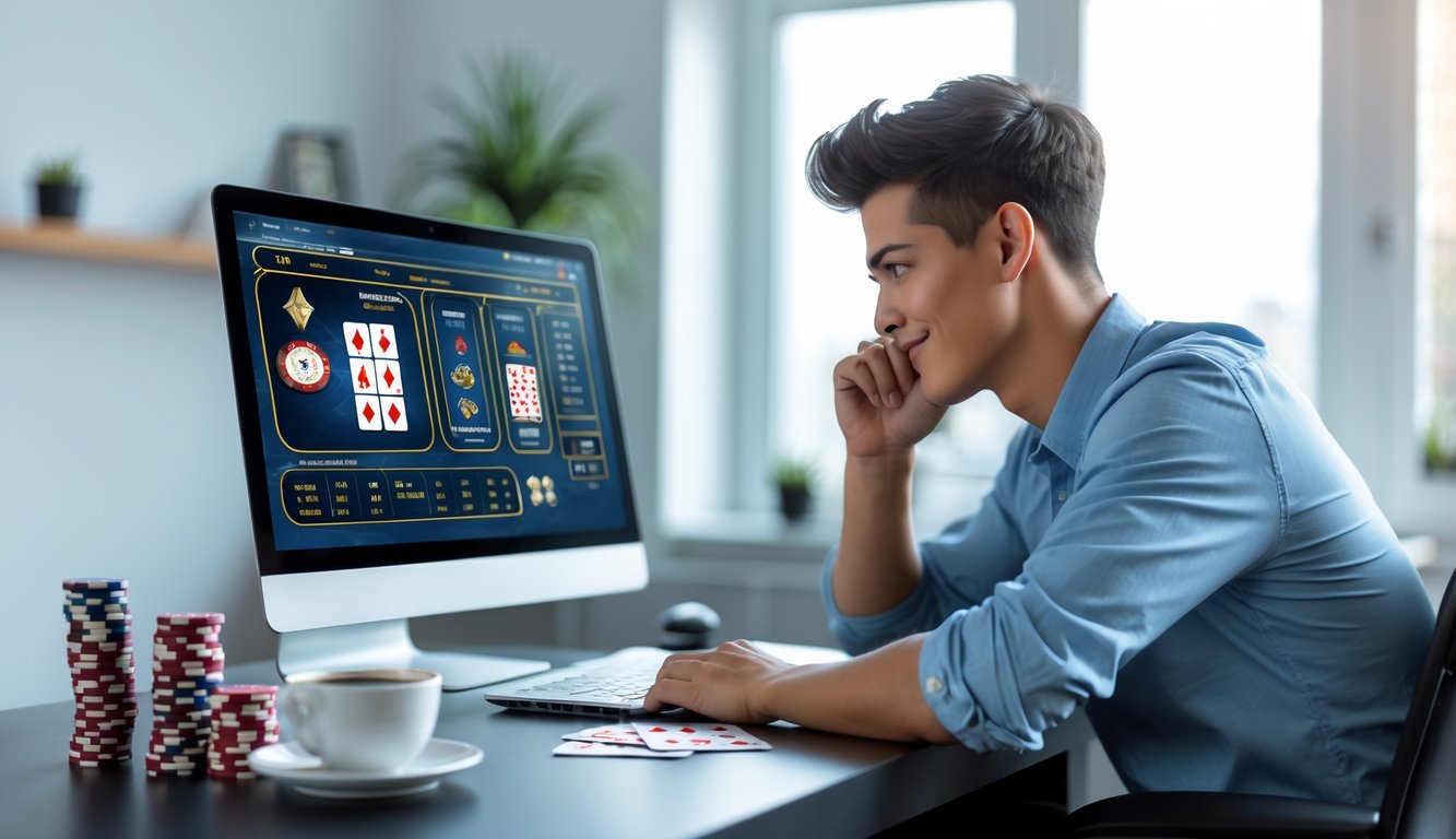 Seorang dewasa muda duduk di meja dengan laptop yang menampilkan permainan judi online, dikelilingi chip poker dan kartu remi, tampak fokus dan percaya diri.