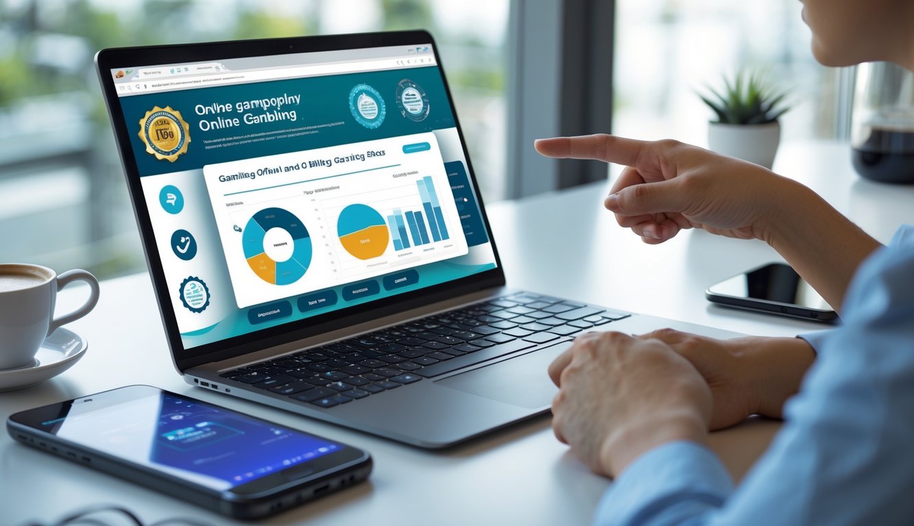 Seorang pria sedang menunjuk layar laptop di meja kerja yang rapi dengan alat tulis dan kopi di sekitarnya.