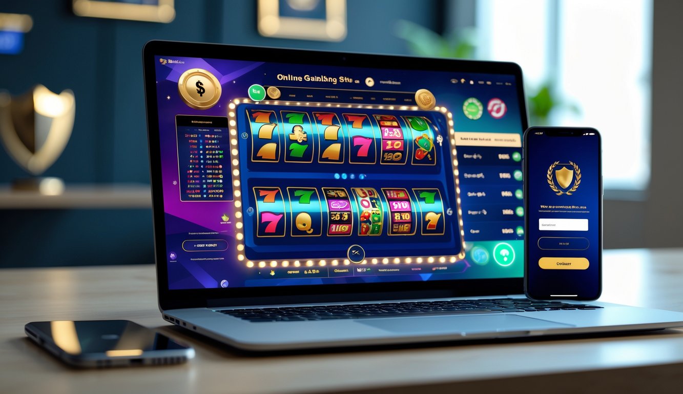 Sebuah ruang kerja modern dengan laptop yang menampilkan antarmuka kasino online dan ponsel dengan layar login situs judi resmi, dikelilingi elemen yang melambangkan keamanan dan kepercayaan.