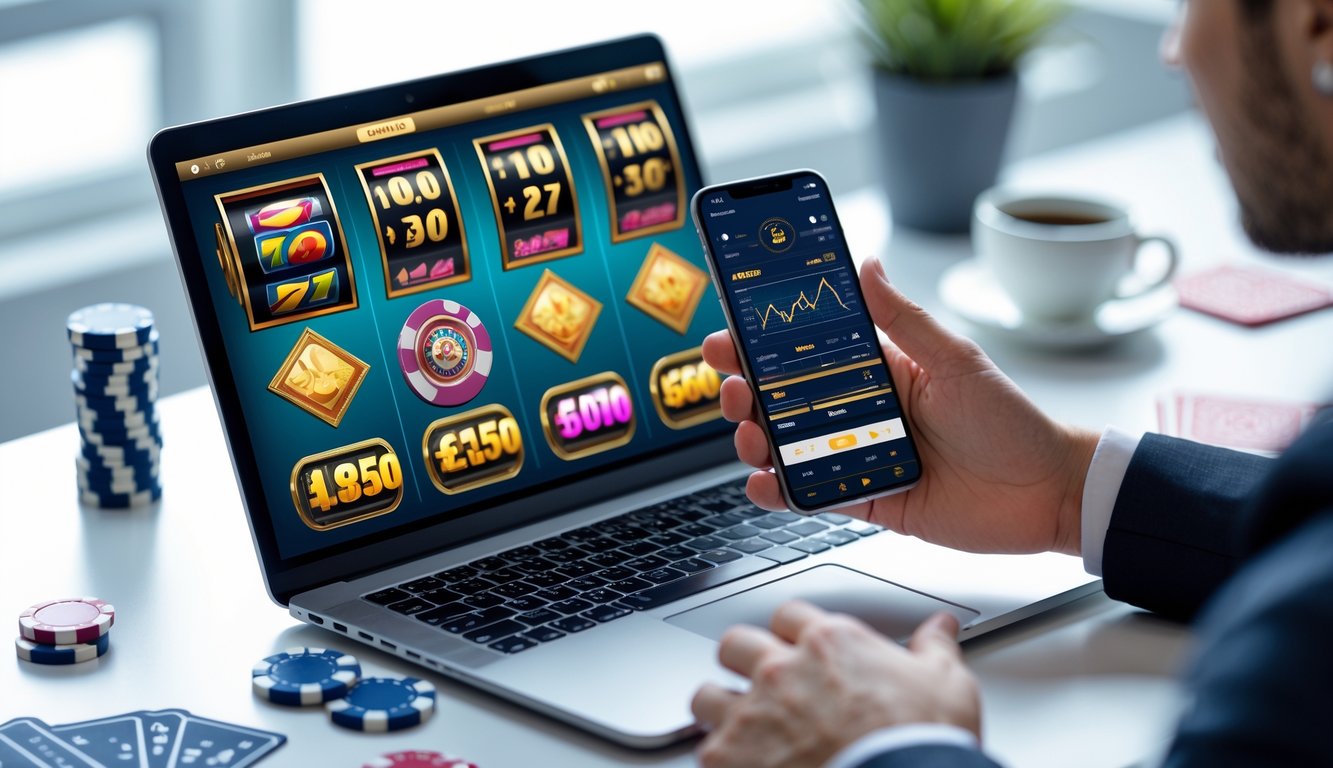 Meja kerja dengan laptop menampilkan permainan kasino online, tangan menggunakan ponsel dengan aplikasi taruhan, dan beberapa chip poker serta kartu di sekitar.