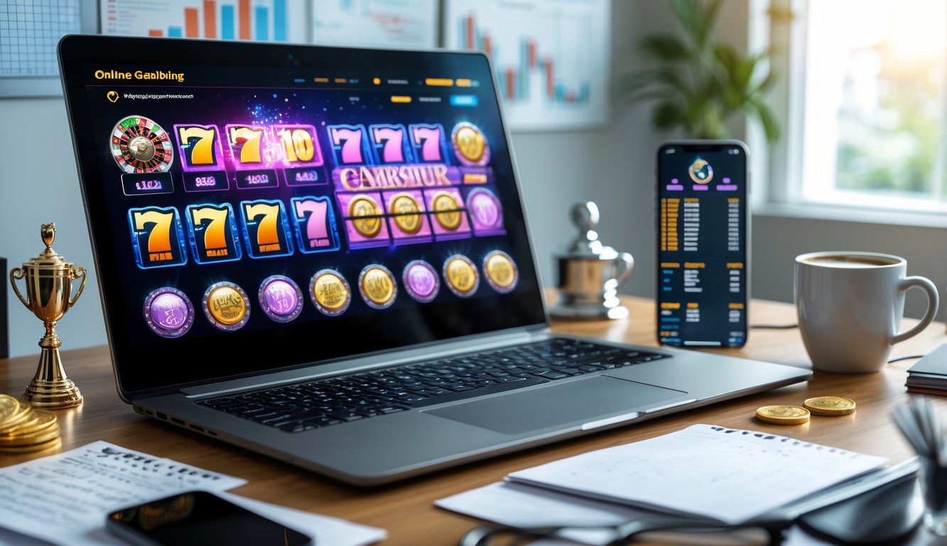 Seorang pria duduk di meja dengan laptop yang menampilkan permainan judi online, dikelilingi catatan dan smartphone, di ruang kerja yang terang.