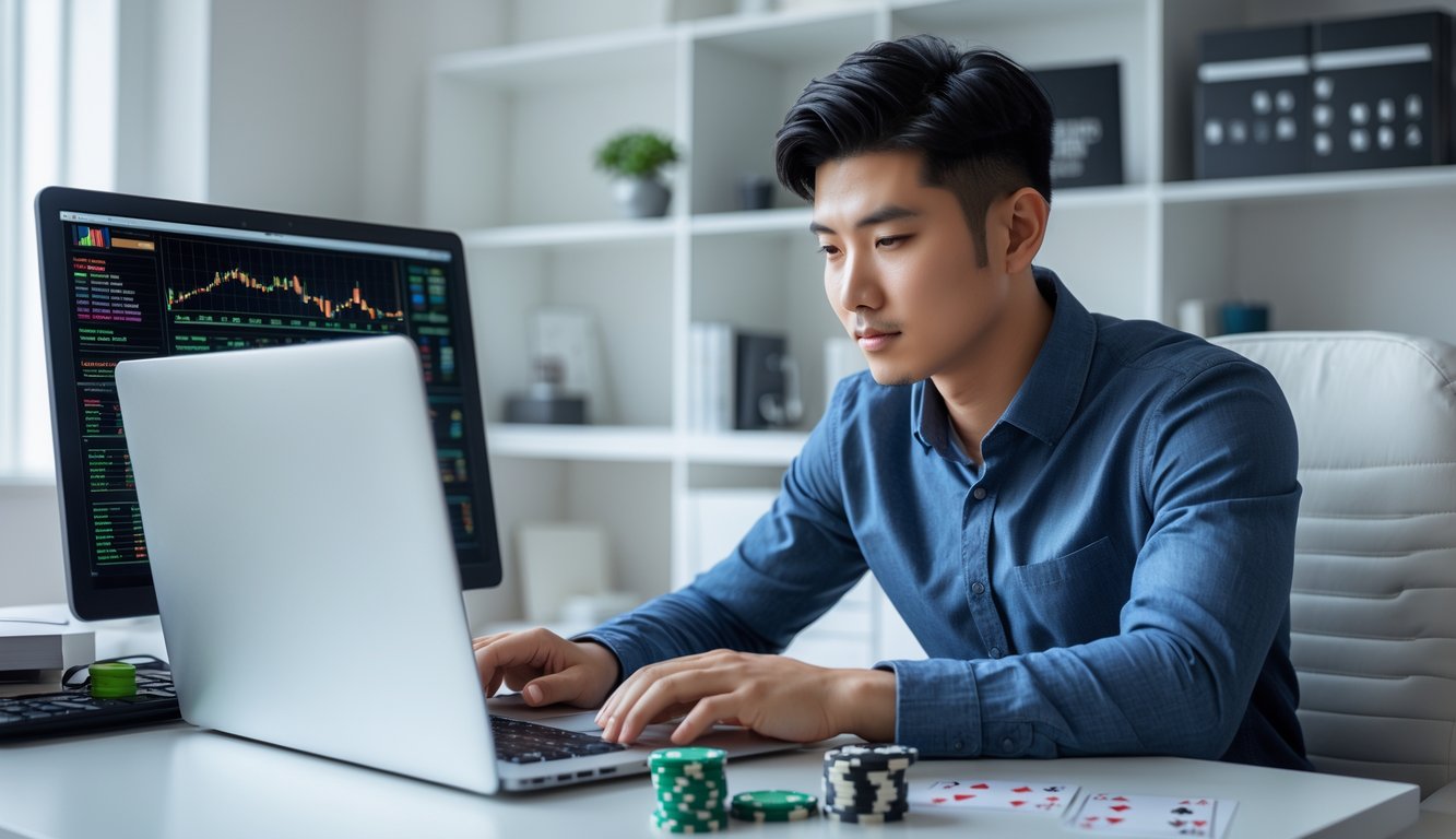 Seorang pria muda duduk di meja dengan laptop dan alat judi, fokus mengelola modal dan strategi menang.