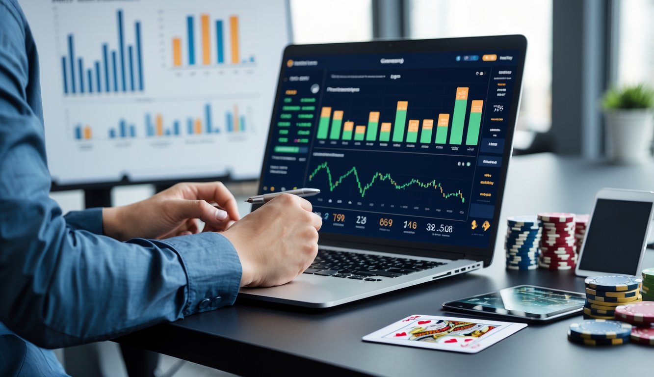 Seseorang duduk di meja kerja dengan laptop, kartu remi, dan chip judi, sedang menganalisis data untuk mengelola modal judi online.