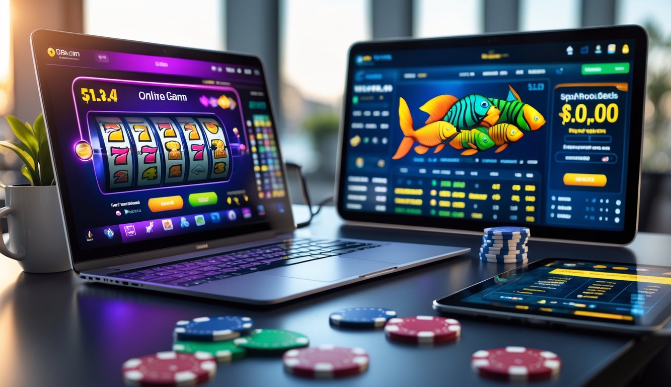 Meja kerja dengan laptop, smartphone, dan tablet yang menampilkan permainan judi online seperti slot, tembak ikan, dan sportsbook.