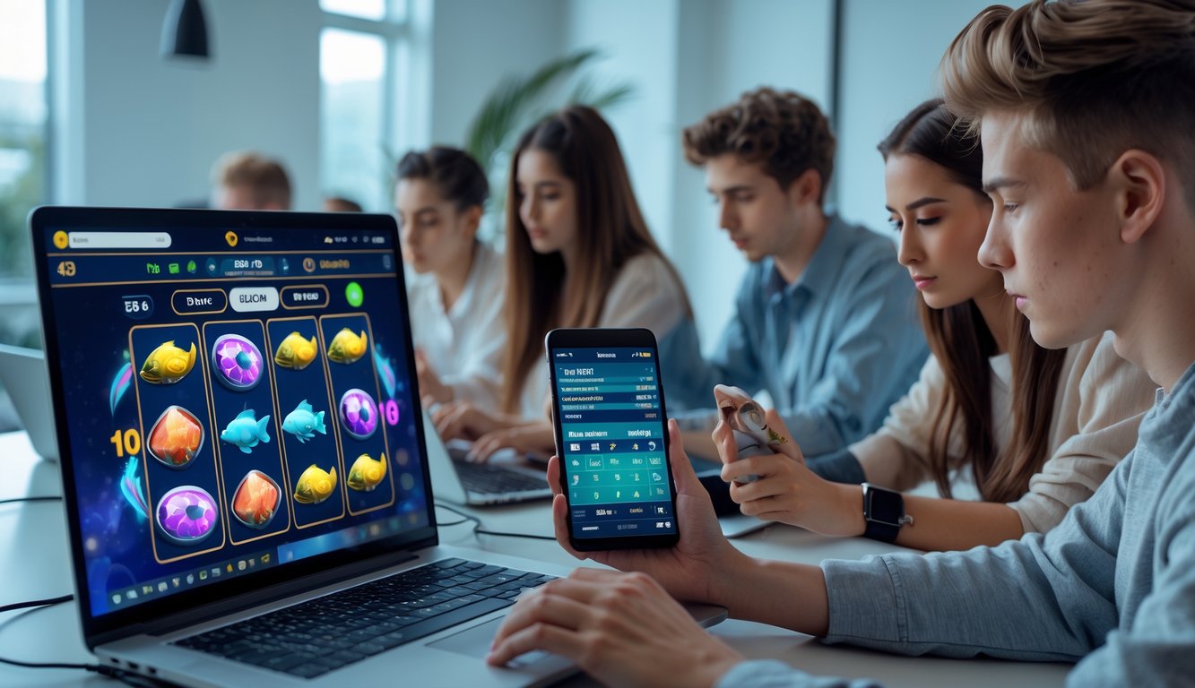 Beberapa orang muda sedang bermain berbagai permainan judi online di laptop dan ponsel di sebuah ruangan modern.