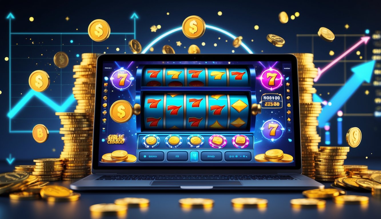 Seorang pengguna melihat layar perangkat dengan permainan judi online yang menampilkan gulungan mesin slot dan simbol kemenangan, dikelilingi oleh koin emas dan uang tunai.