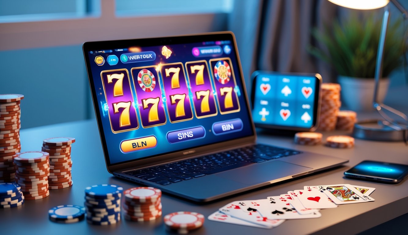 Meja kerja modern dengan laptop menampilkan permainan judi online, tumpukan chip poker, kartu remi, dan ponsel dengan notifikasi cashback.