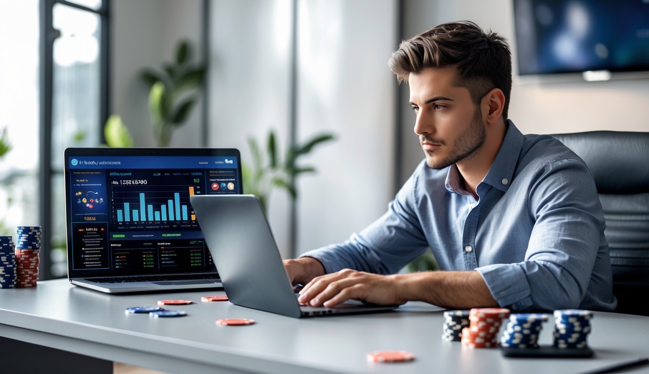 Seorang pria muda duduk di meja kerja modern sambil menganalisis data di laptop dan ponsel dengan chip poker dan kartu remi di meja.