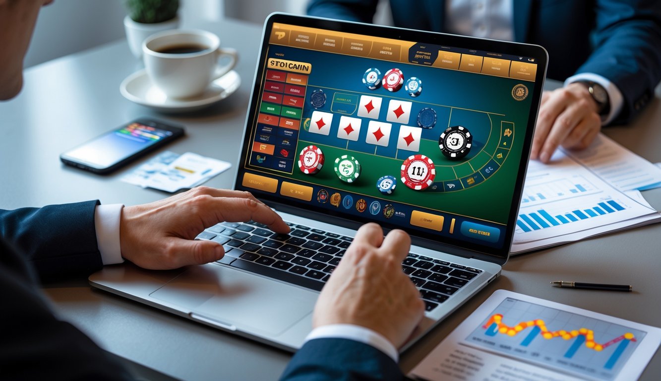 Sebuah meja kerja dengan laptop yang menampilkan permainan judi online, tangan seseorang sedang menganalisis catatan dan grafik, serta beberapa perangkat elektronik di sekitar.