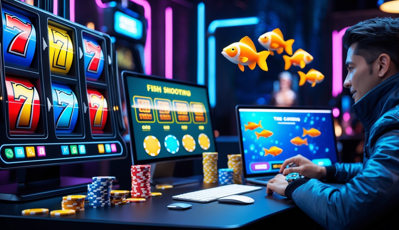 Seorang pemain menggunakan laptop dan smartphone dengan layar menampilkan permainan slot, poker, dan tembak ikan dalam suasana ruangan gaming yang modern.