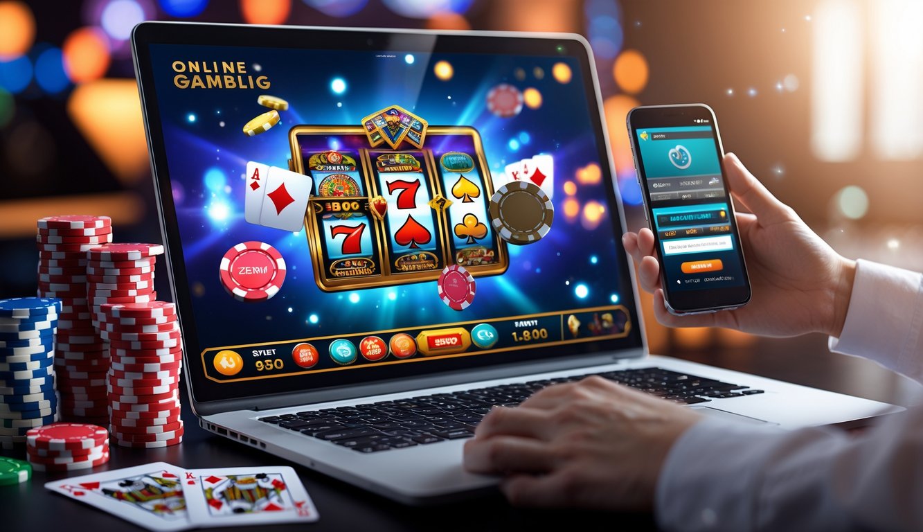 Seorang pengguna sedang bermain permainan judi online di laptop dengan tampilan slot, poker, dan permainan tembak ikan, dikelilingi oleh chip poker dan kartu remi.