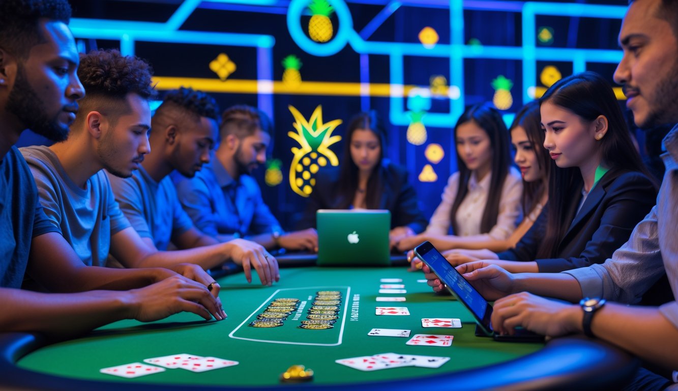 Beberapa orang muda sedang bermain poker online di meja digital dengan kartu bertema nanas, menggunakan perangkat elektronik di ruangan yang terang.