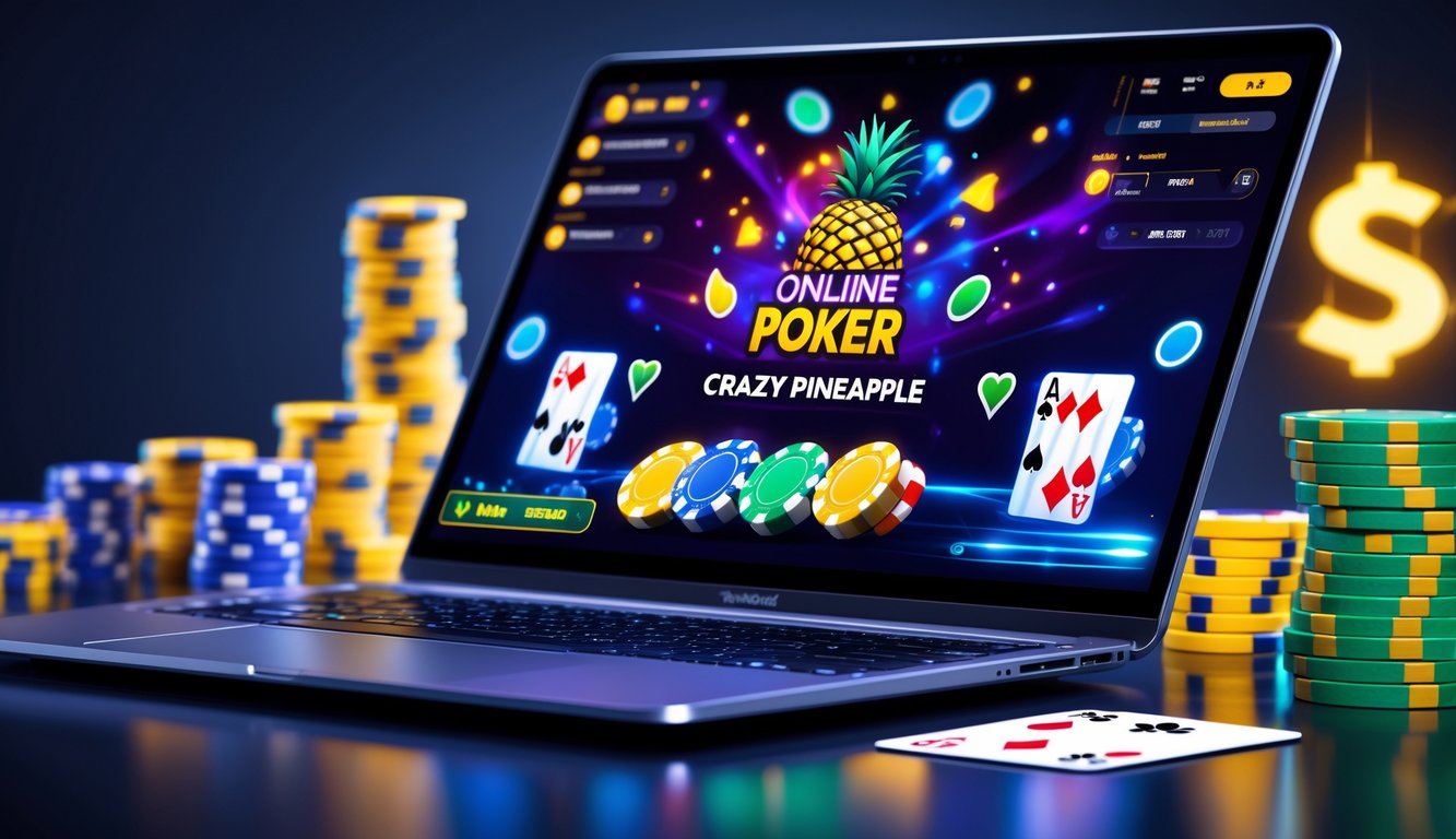 Setup permainan poker online dengan layar komputer menampilkan kartu dan chip poker, suasana profesional dan modern.