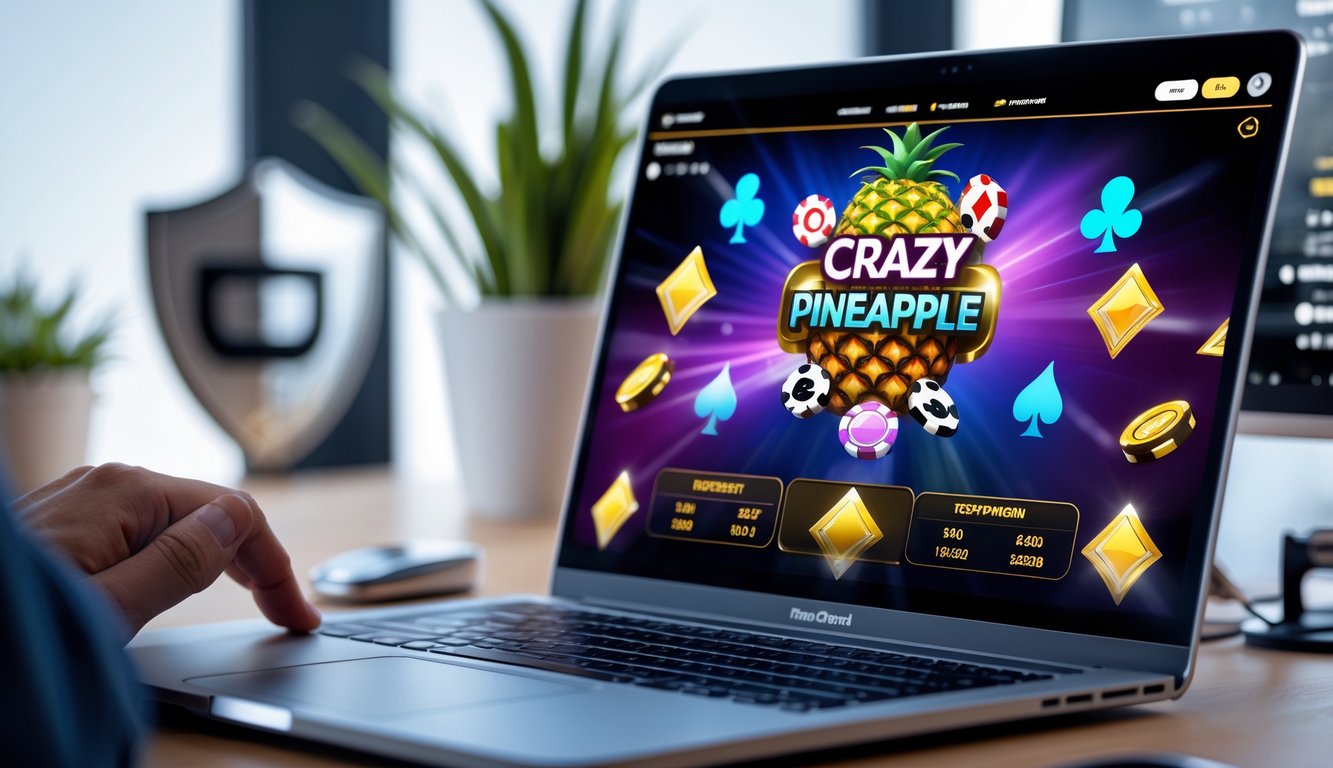 Seorang pemain poker online sedang bermain Crazy Pineapple di laptop dengan tumpukan chip dan kartu di layar, di lingkungan kerja yang rapi dan terang.