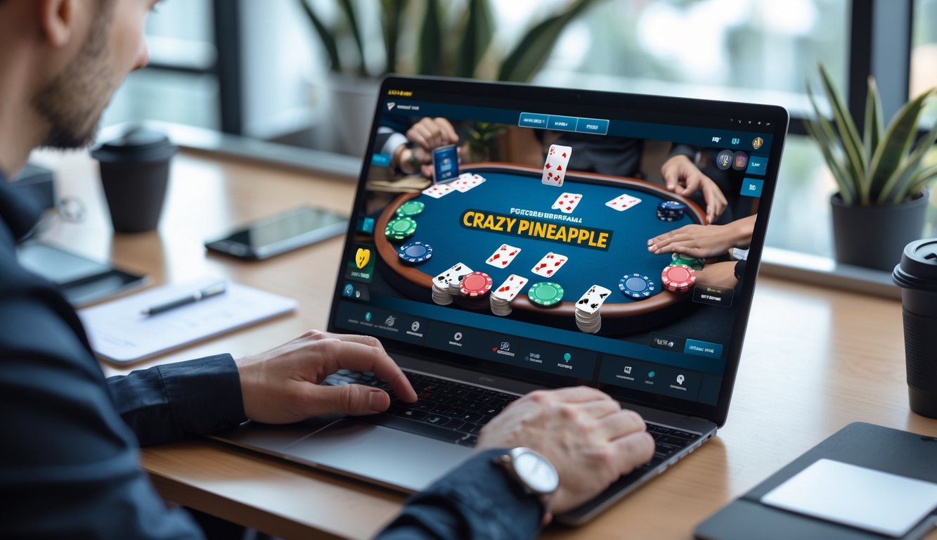 Seorang pemain sedang bermain poker online Crazy Pineapple di depan layar komputer dengan tumpukan chip dan kartu di meja digital.