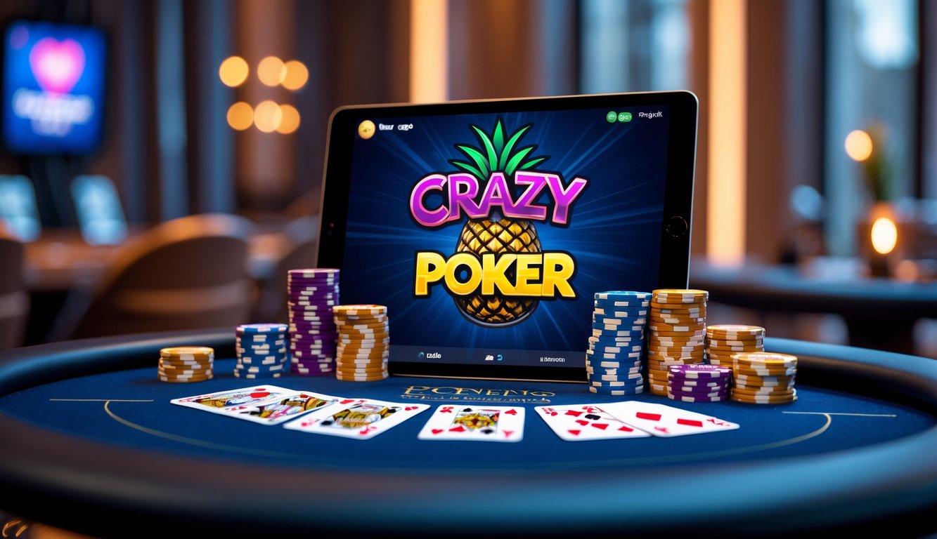 Tampilan meja poker online dengan kartu dan chip poker berwarna-warni di layar komputer, menunjukkan suasana permainan yang menarik.