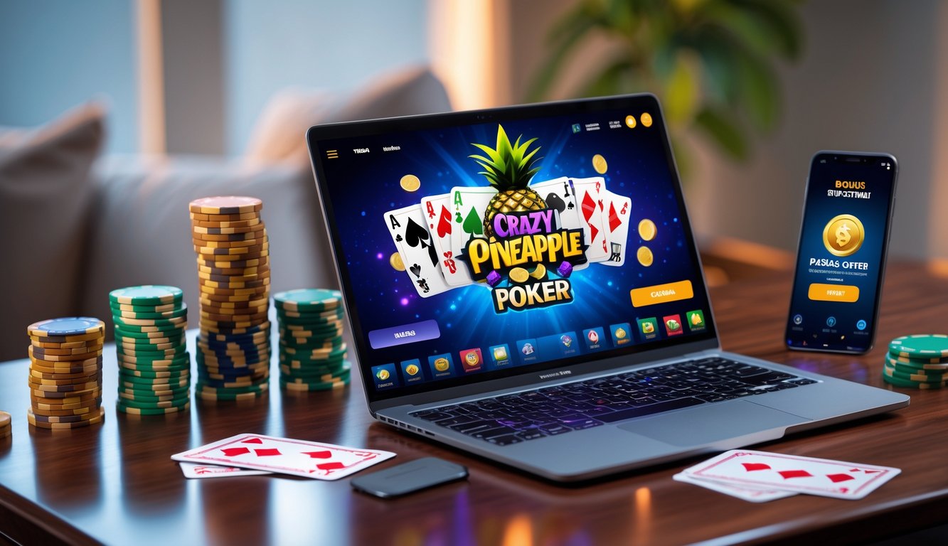 Seorang pemain poker online sedang bermain Crazy Pineapple dengan laptop, tumpukan chip poker, dan kartu di atas meja kayu.