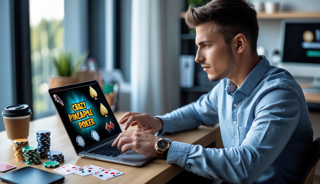 Seorang pria muda fokus bermain poker Crazy Pineapple online di laptop di ruang kerja rumah yang terang dengan chip poker dan kartu di meja.