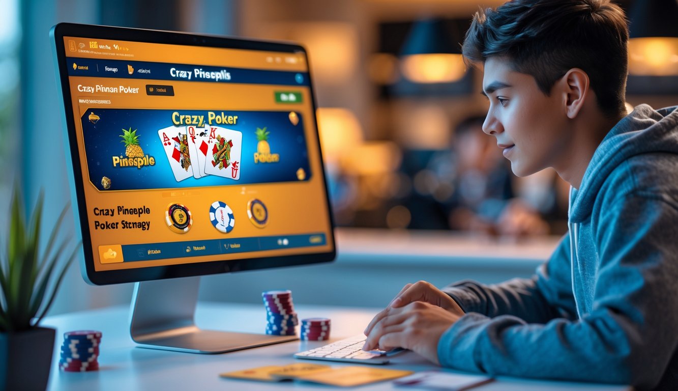 Seorang pemain muda sedang bermain poker online Crazy Pineapple dengan komputer dan chip poker di meja.
