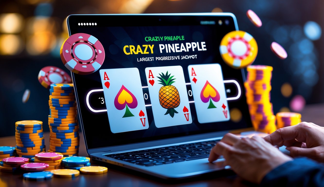 Seorang pemain sedang bermain poker online Crazy Pineapple dengan tumpukan chip dan kartu di layar laptop yang menampilkan suasana kemenangan dan jackpot progresif.