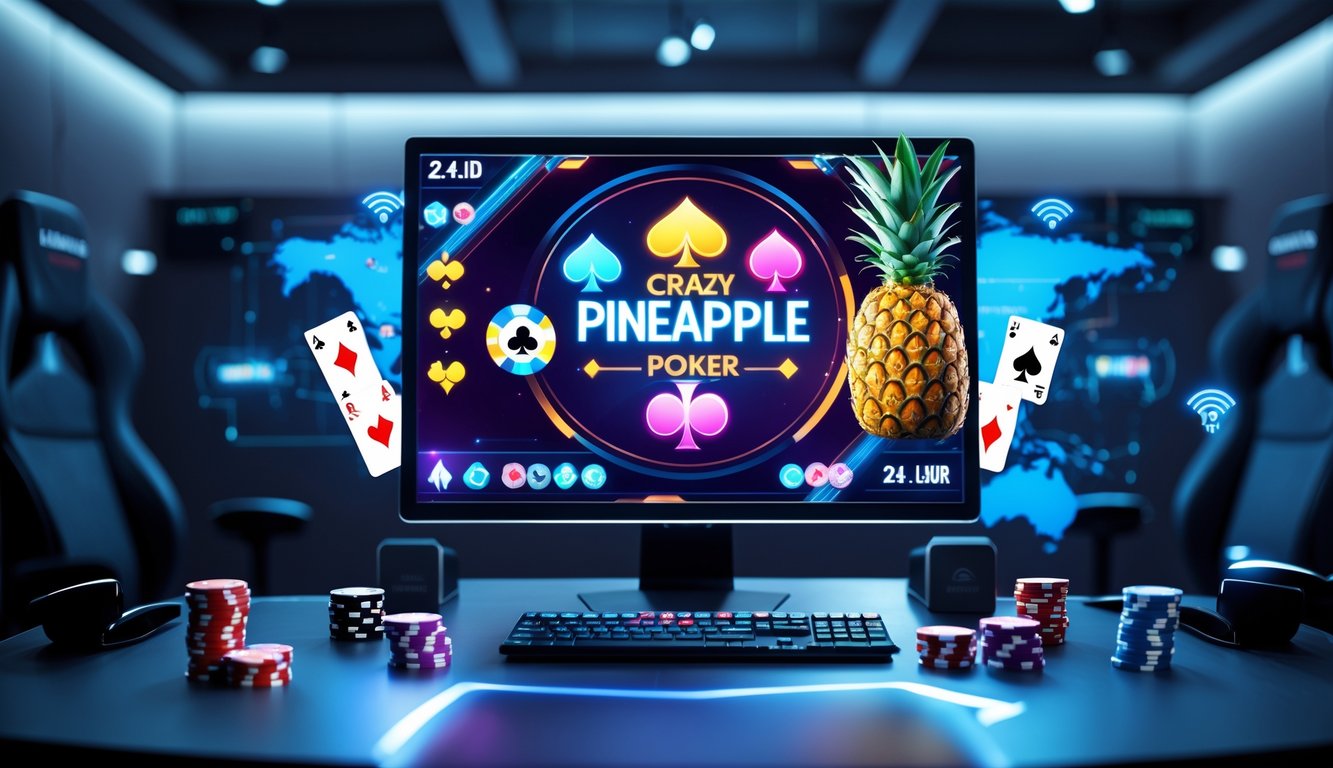 Sebuah meja dengan komputer menampilkan permainan poker Crazy Pineapple online dengan chip dan kartu, di ruangan gaming modern yang terang.