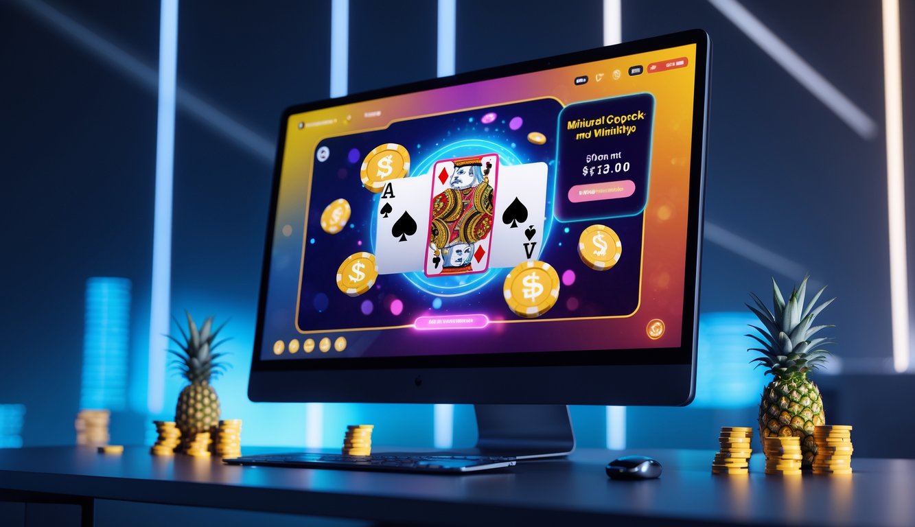 Sebuah komputer dengan layar menampilkan permainan poker online Crazy Pineapple dengan tumpukan chip poker di sekitarnya.