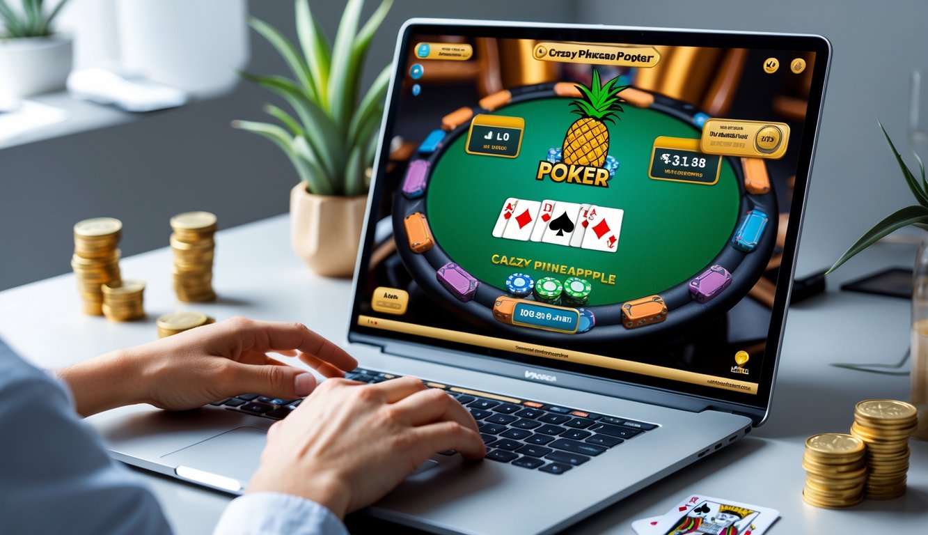 Seseorang bermain poker Crazy Pineapple secara online di komputer dengan tumpukan chip dan kartu poker di layar.
