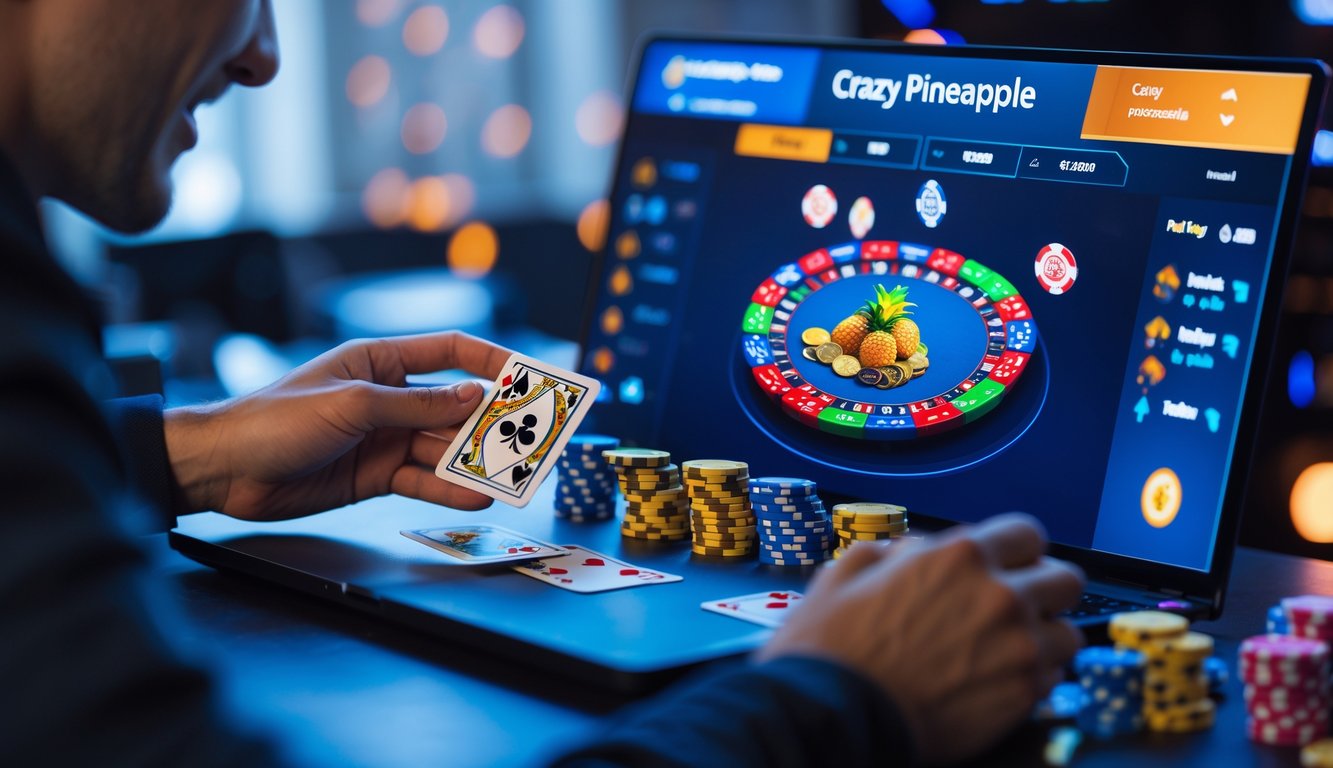 Seorang pemain poker online sedang bermain dengan kartu dan chip di depan layar komputer.