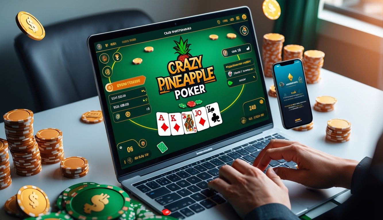 Seseorang bermain poker online Crazy Pineapple di depan komputer dengan tumpukan chip dan ponsel yang menunjukkan transaksi berhasil.