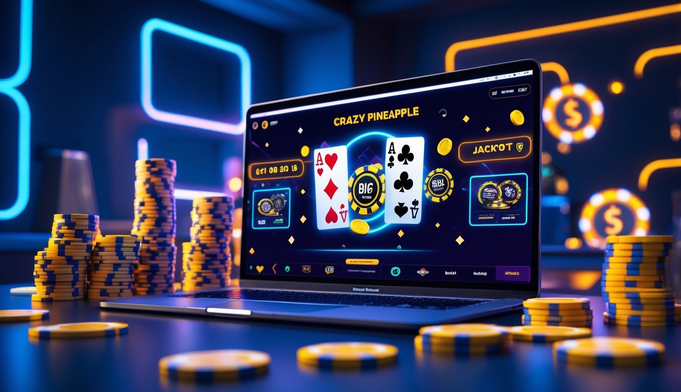 Sebuah meja permainan poker online dengan kartu dan tumpukan chip, menampilkan suasana permainan yang intens dan menarik.