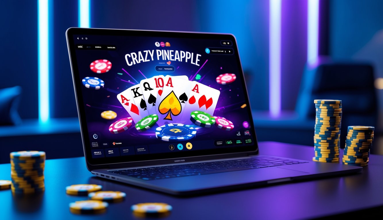 Seseorang bermain poker Crazy Pineapple online di laptop dengan tumpukan chip poker dan ponsel di meja.