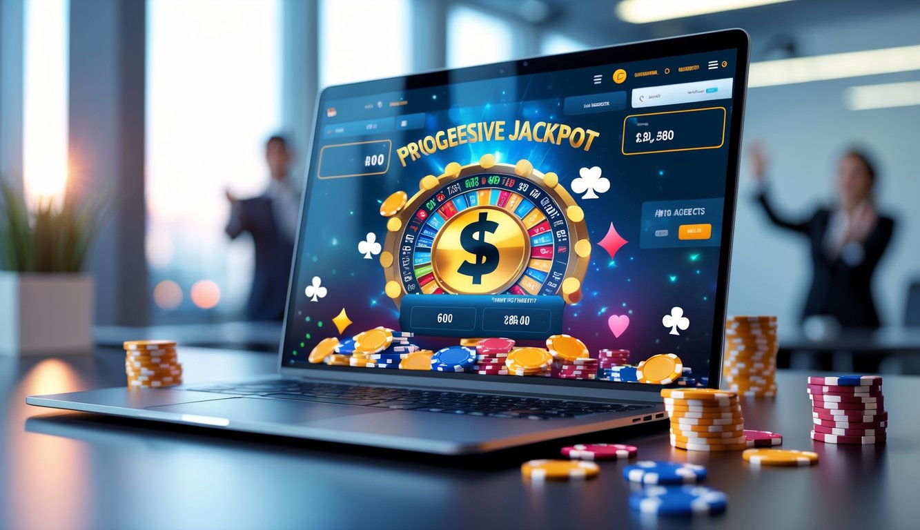 Laptop dan ponsel menampilkan layar permainan jackpot progresif online dengan chip poker dan kartu remi di meja, suasana kantor yang cerah dan modern.