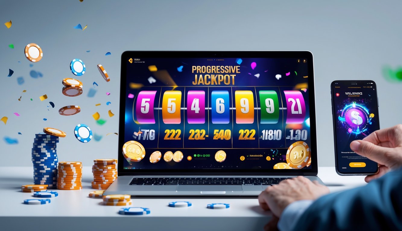 Seseorang menggunakan laptop dan ponsel untuk bermain judi online dengan tampilan jackpot progresif dan chip poker di meja.