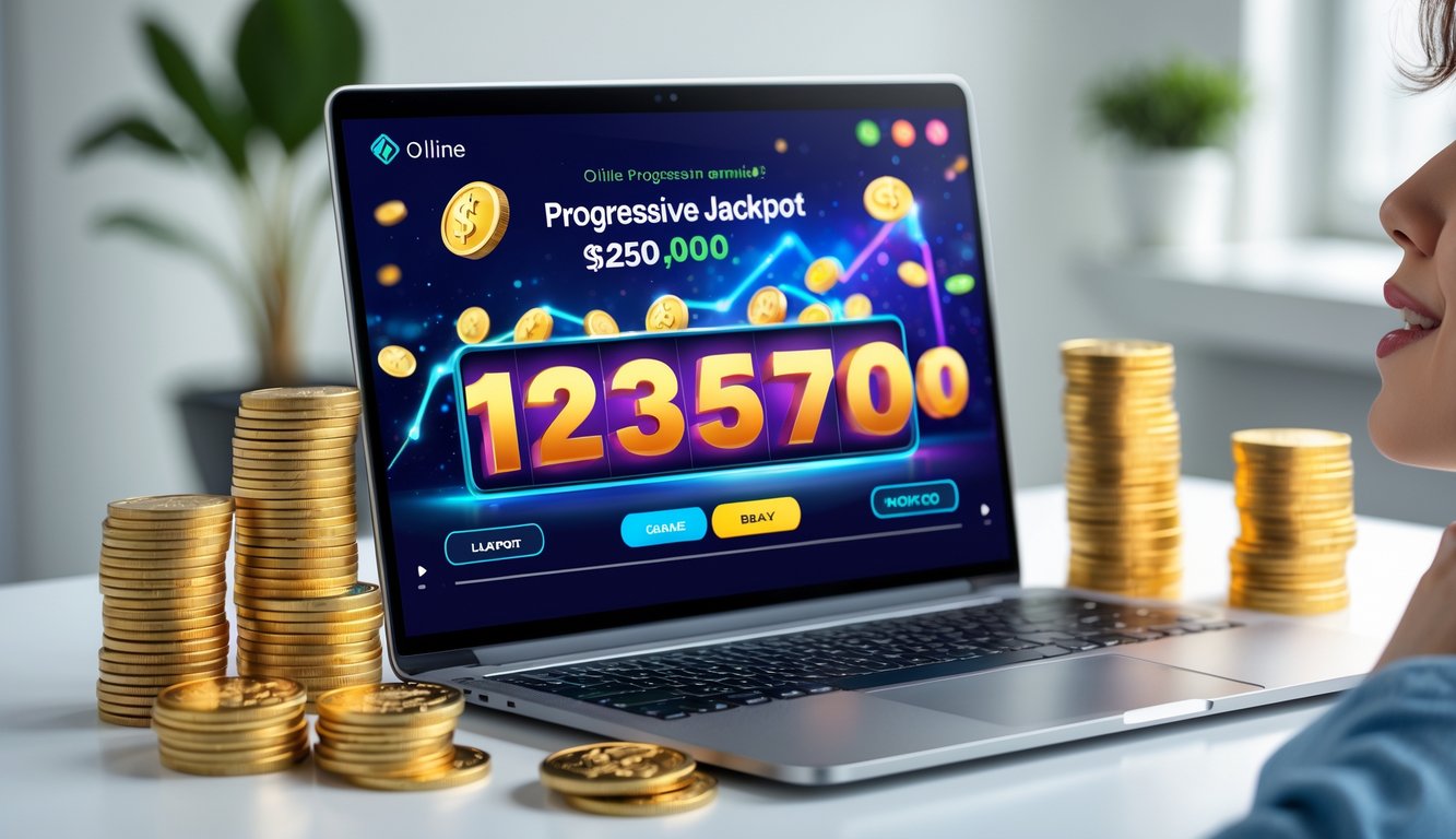 Seseorang sedang menggunakan laptop dengan tampilan permainan jackpot progresif online dan tumpukan koin emas di meja.
