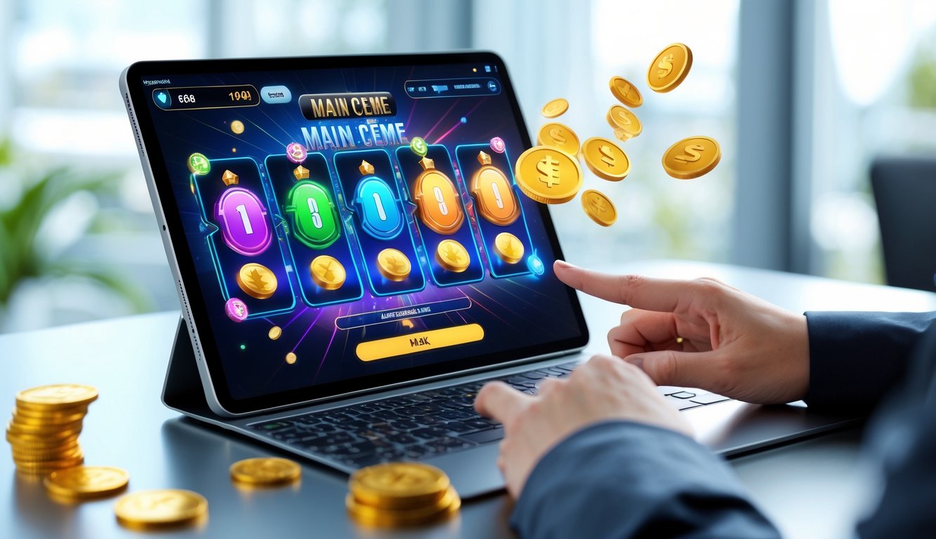 Seseorang menggunakan laptop dengan permainan kartu online dan animasi jackpot yang meningkat di layar.