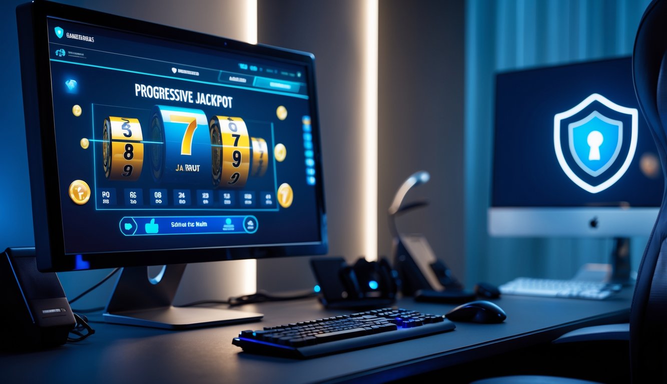 Sebuah ruang kerja modern dengan komputer menampilkan permainan jackpot progresif online, menunjukkan suasana bermain yang terpercaya dan menarik.