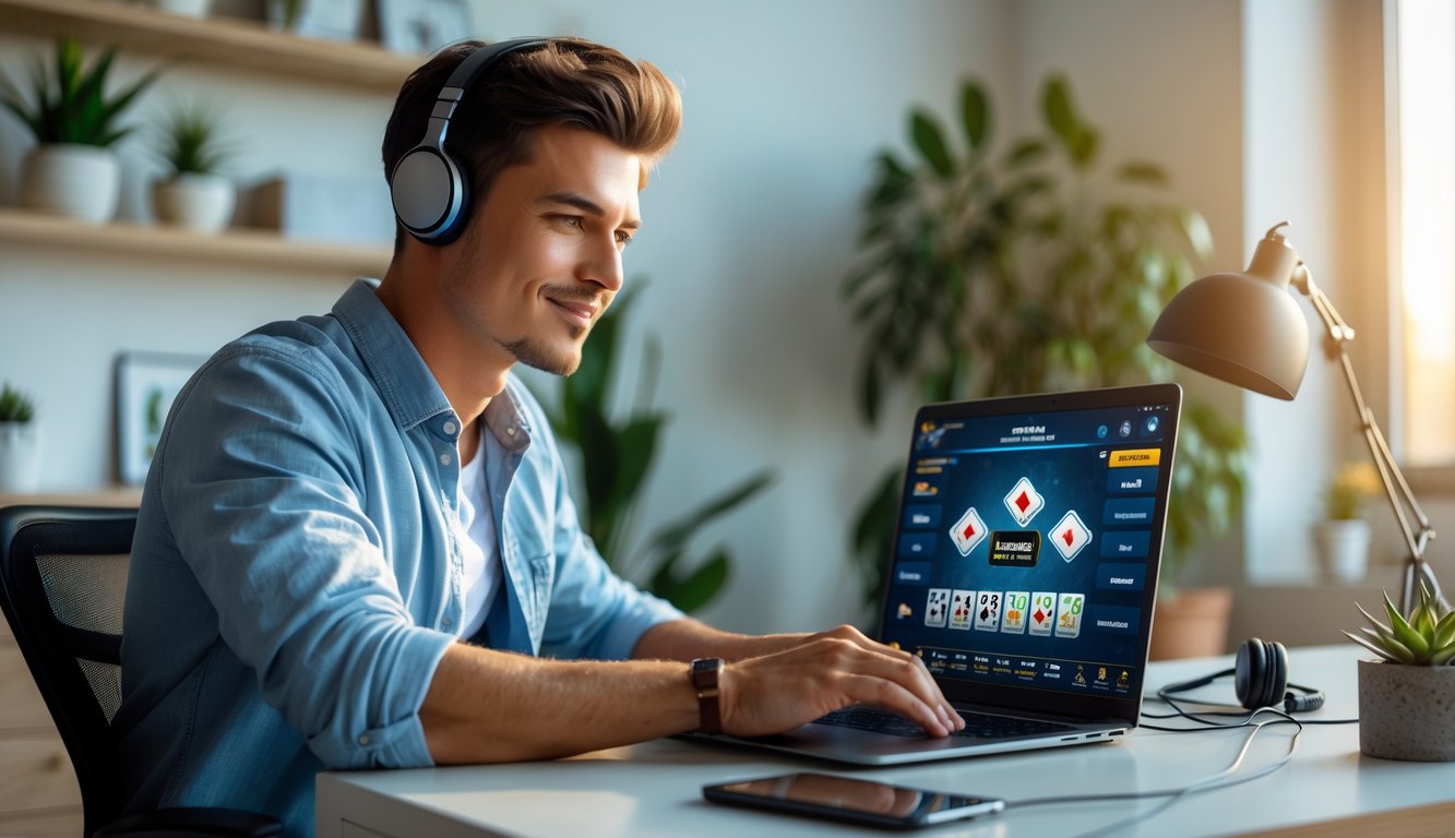 Seorang pria muda duduk di meja dengan laptop, terlihat fokus dan tersenyum saat bermain permainan kartu online di ruang kerja yang terang dan rapi.