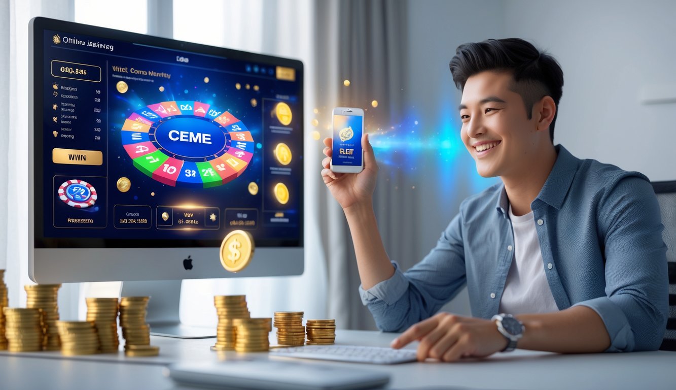 Seorang dewasa muda tersenyum di depan komputer dengan tampilan permainan Ceme online dan simbol jackpot di layar, di meja terdapat tumpukan uang dan koin emas.