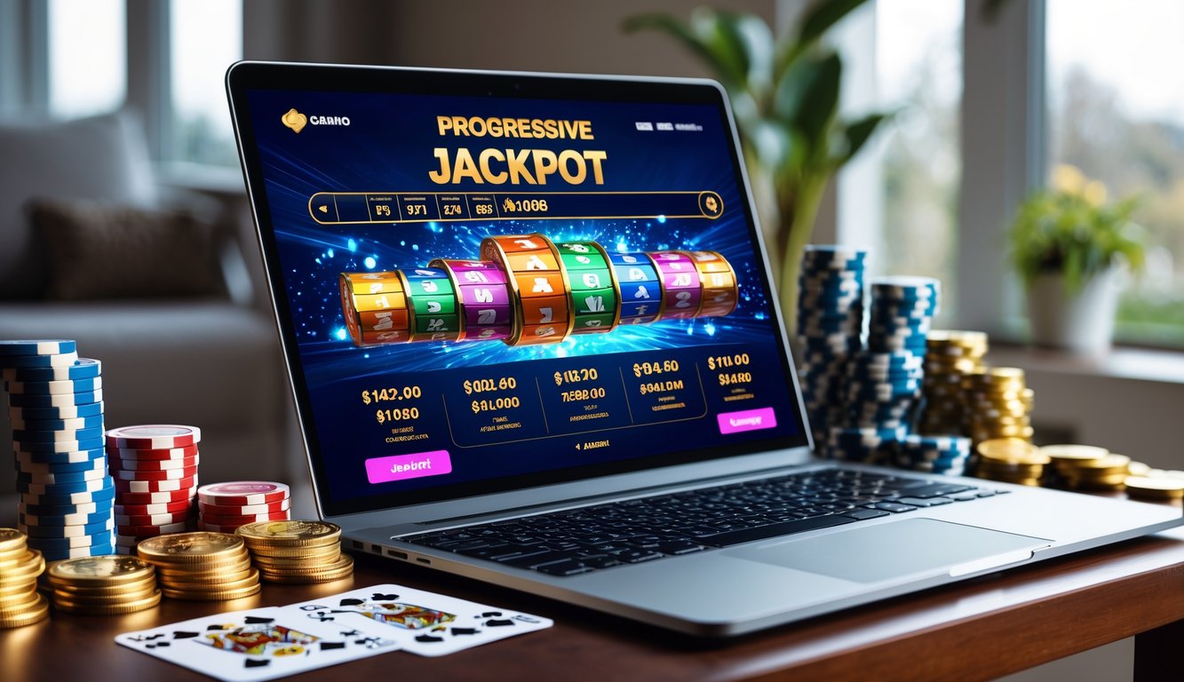 Seorang pemain berjudi online menggunakan laptop di meja dengan chip poker dan koin emas di sekitarnya, suasana ruangan terang dan nyaman.