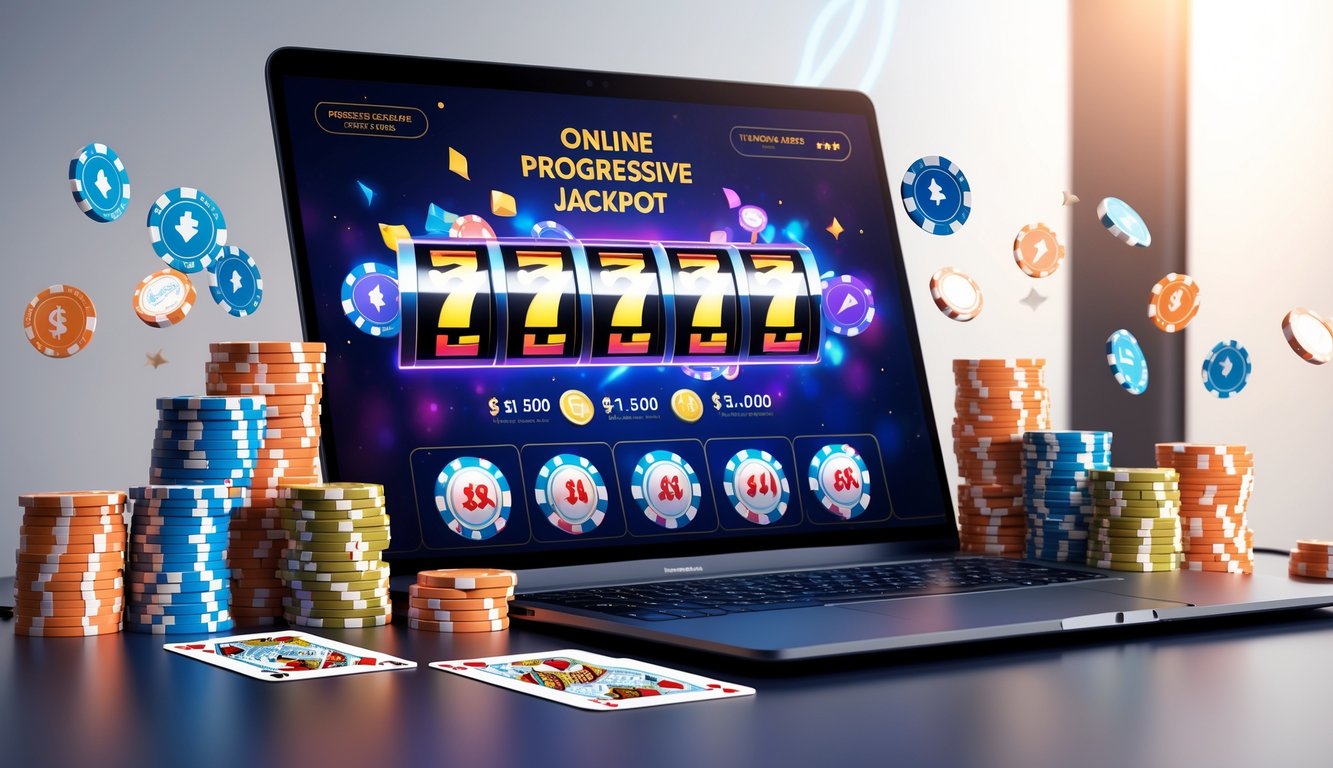 Seorang pengguna komputer dengan layar menampilkan permainan jackpot progresif online, dikelilingi oleh tumpukan chip poker dan kartu remi.